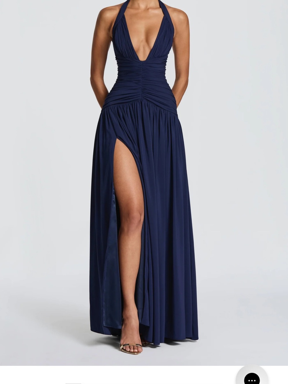 Navy Halter Evening Gown with High Slit
